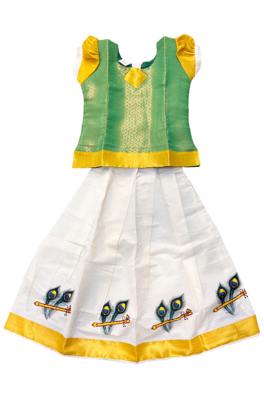 Midukki-Traditional South Indian Kids Pattu Pavada- Light green brocade top offwhite skirt with kasavu peacock feather flute print- Age 7 - KK7MID003