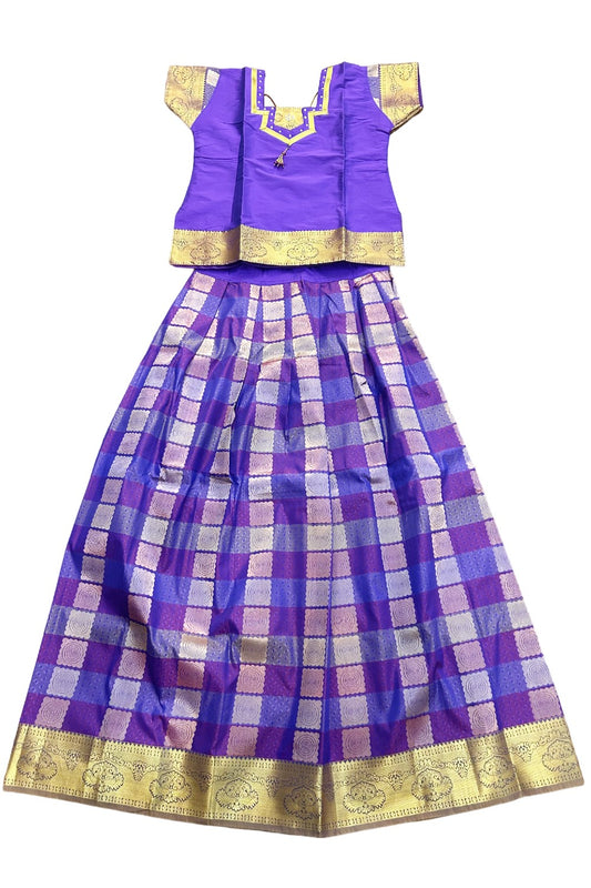 Midukki-Traditional South Indian Kids Pattu Pavada- Violet top Violet skirt with emboss work- Age 17&18 - KK17&18MID003