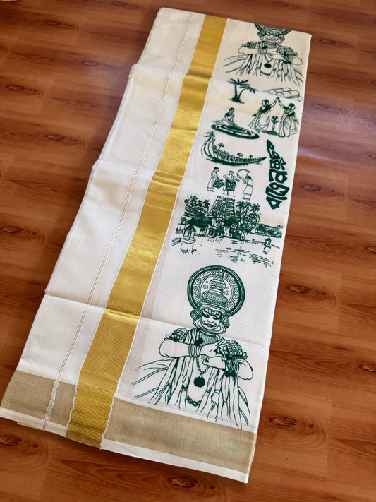 Double Off White - Onam Festival Print - (Unbleached) Mundu / Dhoti- 20% Discount!! KaithariKada Kerala Mixed Cotton 60s - 1.5 inch Gold Kasav with Dark Green Printed Design Kara - 3 KK5474 GAN