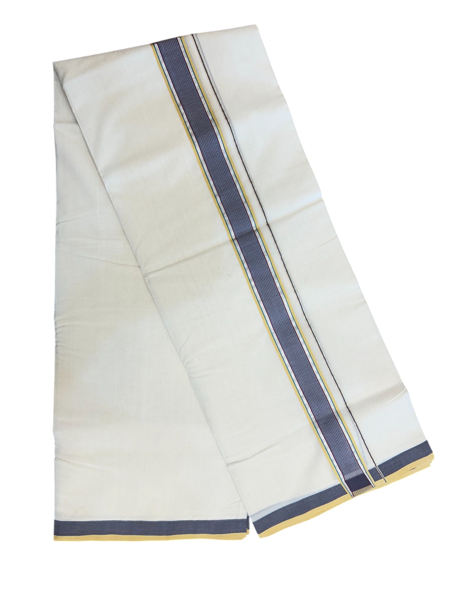 28% DISCOUNT! KaithariKada BALARAMAPURAM HANDLOOM UNAKKUPAAV - 100% PURE Cotton Off white (Unbleached) Double Mundu/Dhoti - 1.75 inch Silver Kasavu Navy BLue and mustard Yellow Kara - 3KK5153RAM