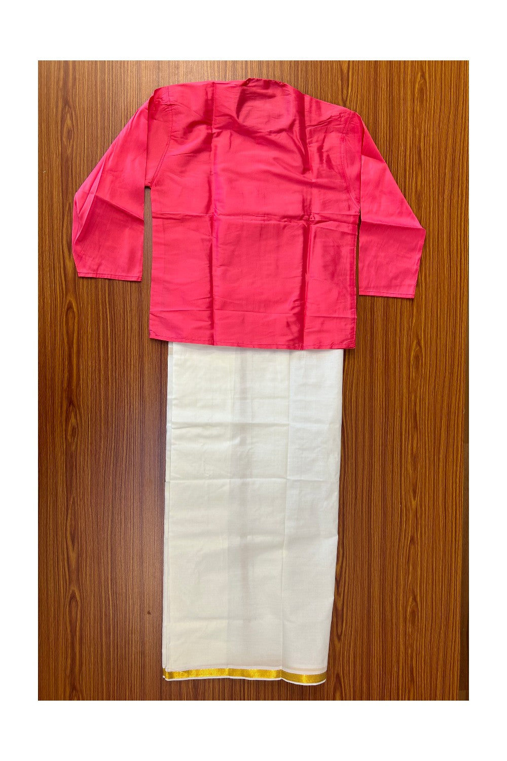 10% DISCOUNT !!! Kaitharikada - Traditional South Indian Kids Silk kurta & Mund - Pink kurta Off white Kasavu Mund Age 9 - 3KK118YUV9