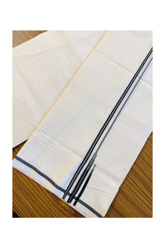 28% DISCOUNT ! KaithariKada Balaramapuram 100%  COTTON SINGLE OFF WHITE - (Unbleached) Mundu/Dhoti-100X100-  0.25 Inch (2 meter / 4 muzham) double Black Puliyilakkara Stripes- 3KK204ASH
