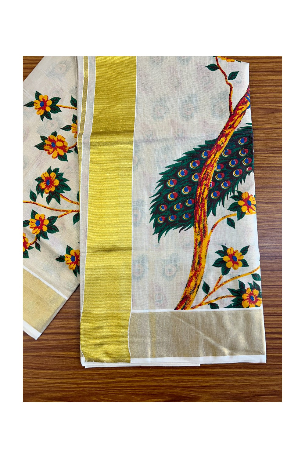 25% Discount! Kaitharikada Kerala Saree - Kasavu Tissue -  Kasavu Zari & Peacock Mural Printed Maroon - 3KK300VIN