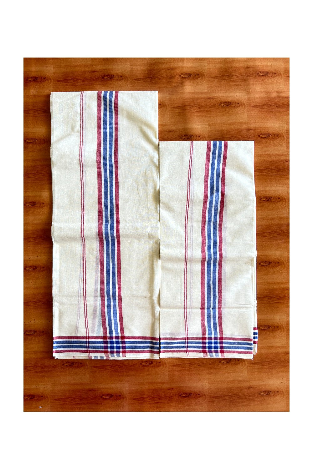 16% Discount!! KaithariKada - Kerala Cotton SINGLE SET MUND FOR WOMEN - Navy Blue & Red Striped Mulloth Kara- 3KK494VIN