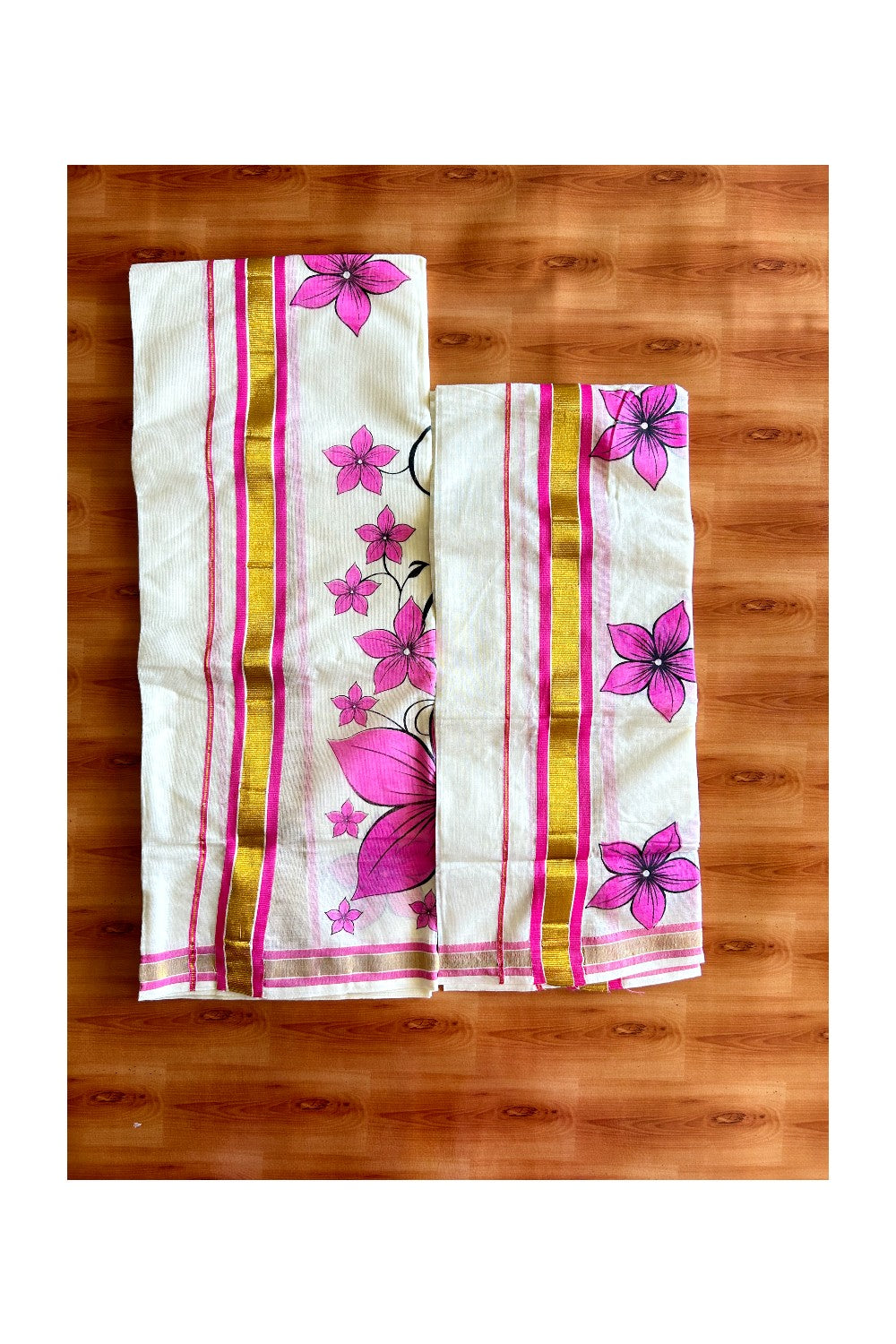 22% Discount!! KaithariKada - Kerala Cotton SINGLE SET MUND FOR WOMEN - Kasavu Kara with Pink Flower Design - 3KK495VIN