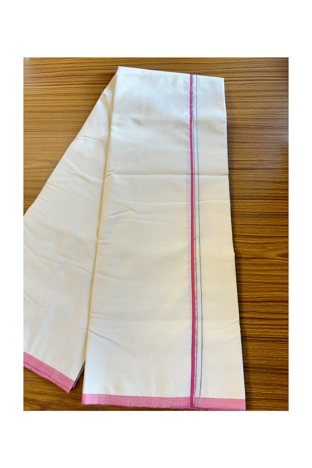 30% Discount!! SIGNATURE KAITHARIKADA EXCLUSIVE SINGLE DHOTI - 100% Cotton Balaramapuram HANDLOOM Single Mundu/Dhoti - Off White - (Unbleached) 0.5 Inch Silver KASAVU & Pink Blue Kara (2 metre / 4 muzham)- 3KK5013KAI
