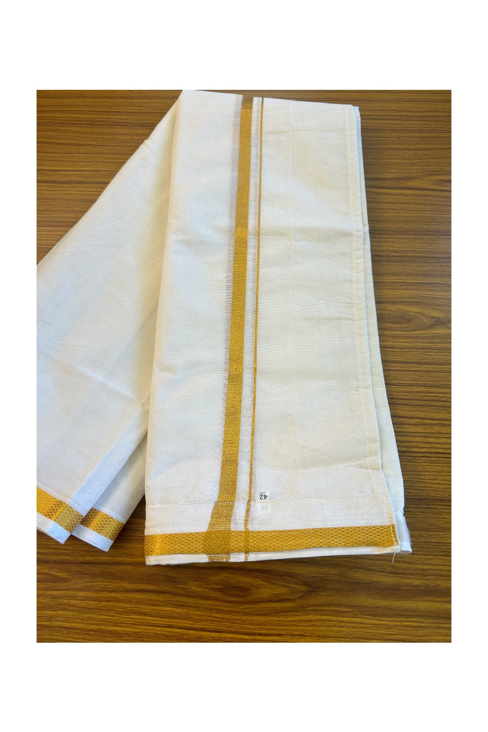 KaithariKada Balaramapuram 100% Pure Cotton SINGLE Off white VELCRO Mundu/Dhoti  - 1.5inch Gold Kasavu kara (2 metre / 4 muzham) - 3KK5016KK