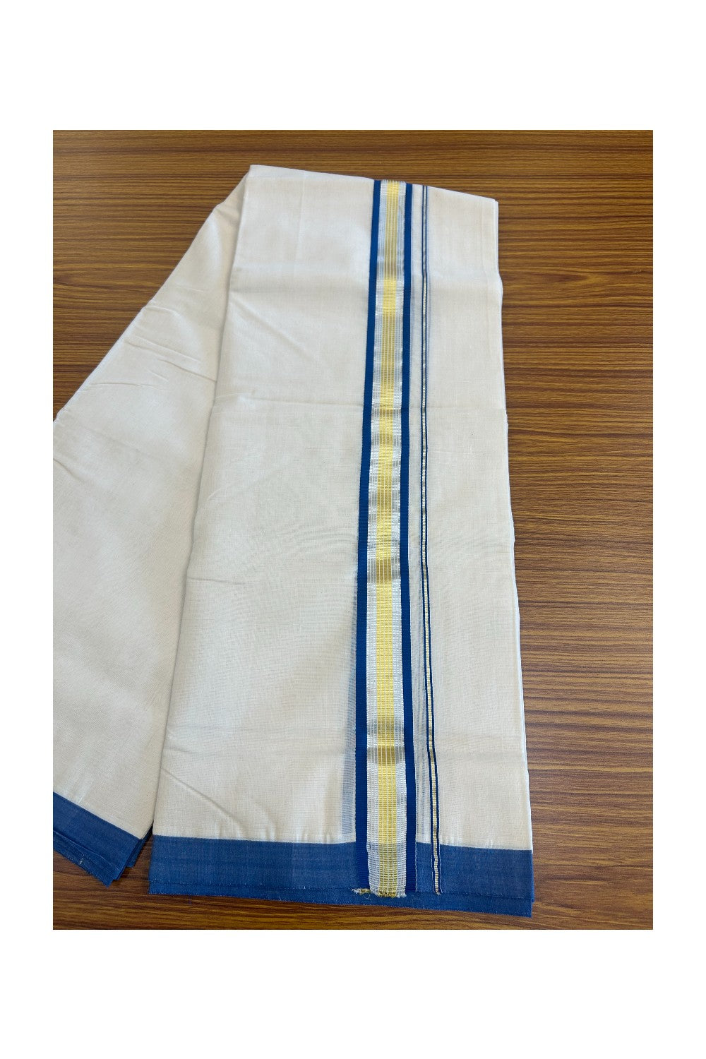 30% DISCOUNT! KaithariKada HANDLOOM Millpaav Balaramapuram - 100% PURE Cotton Off White (Unbleached) - 100x100 Double Mundu/Dhoti - 2.25 inch  Gold & Silver Kasavu Blue Stripes Kara-85
