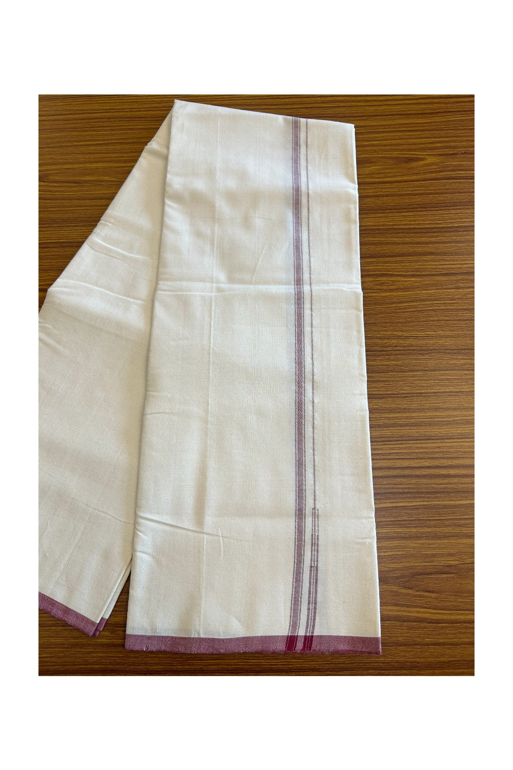 SIGNATURE KAITHARIKADA EXCLUSIVE SINGLE DHOTI - 25% Discount!!! 100% Cotton Balaramapuram HANDLOOM Single Mundu/Dhoti - Off White -  (Unbleached) - 1 cm Maroon & Silver KASAVU Chutty Kara (2 meter / 4 muzham) - 3KK5050KAI