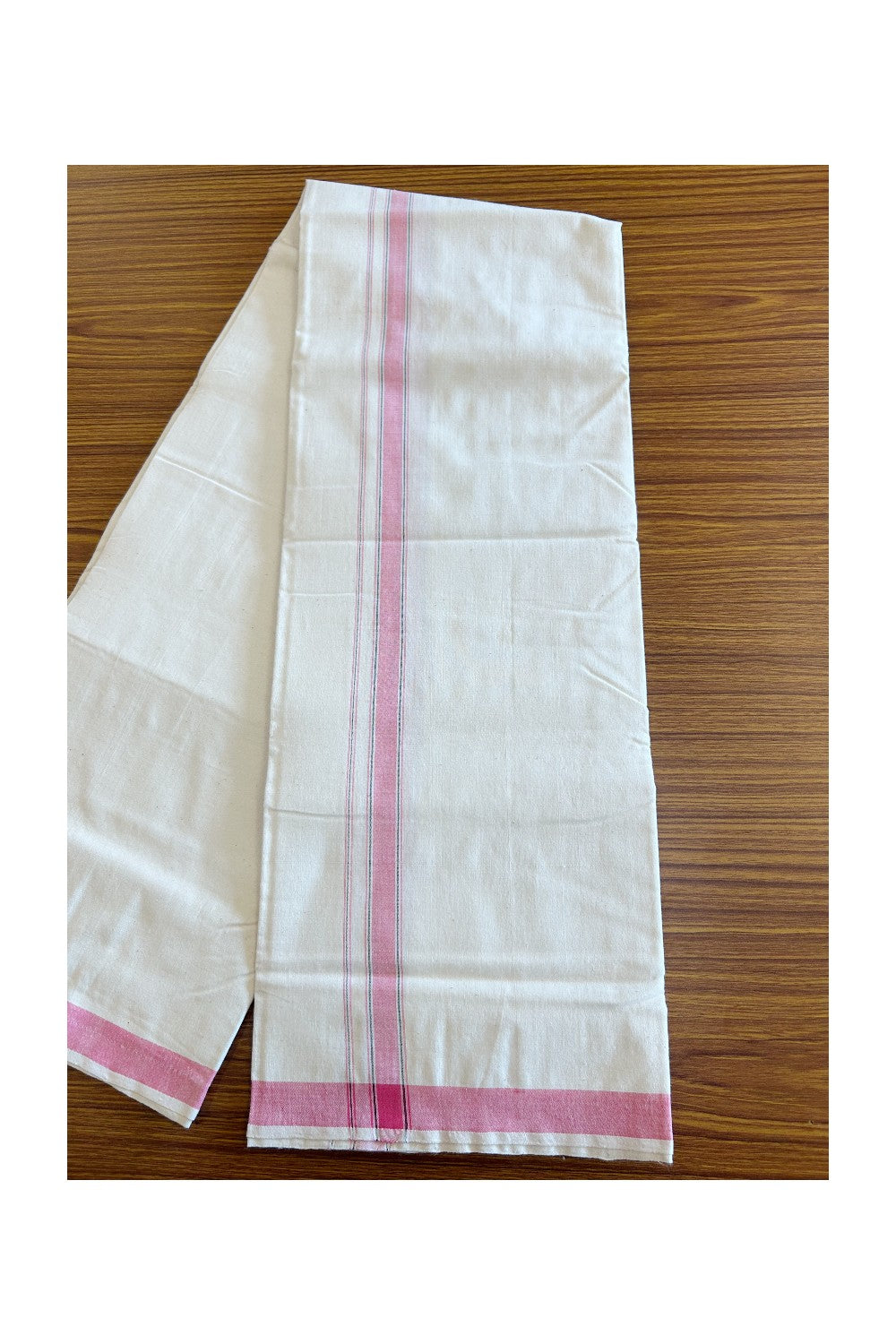 30% Discount ! KaithariKada 100% Cotton Balaramapuram HANDLOOM Single Mundu/Dhoti - Off White - (Unbleached) 1.Inch (2 meter / 4 muzham) Pink & Black Stripes- KK32KAI