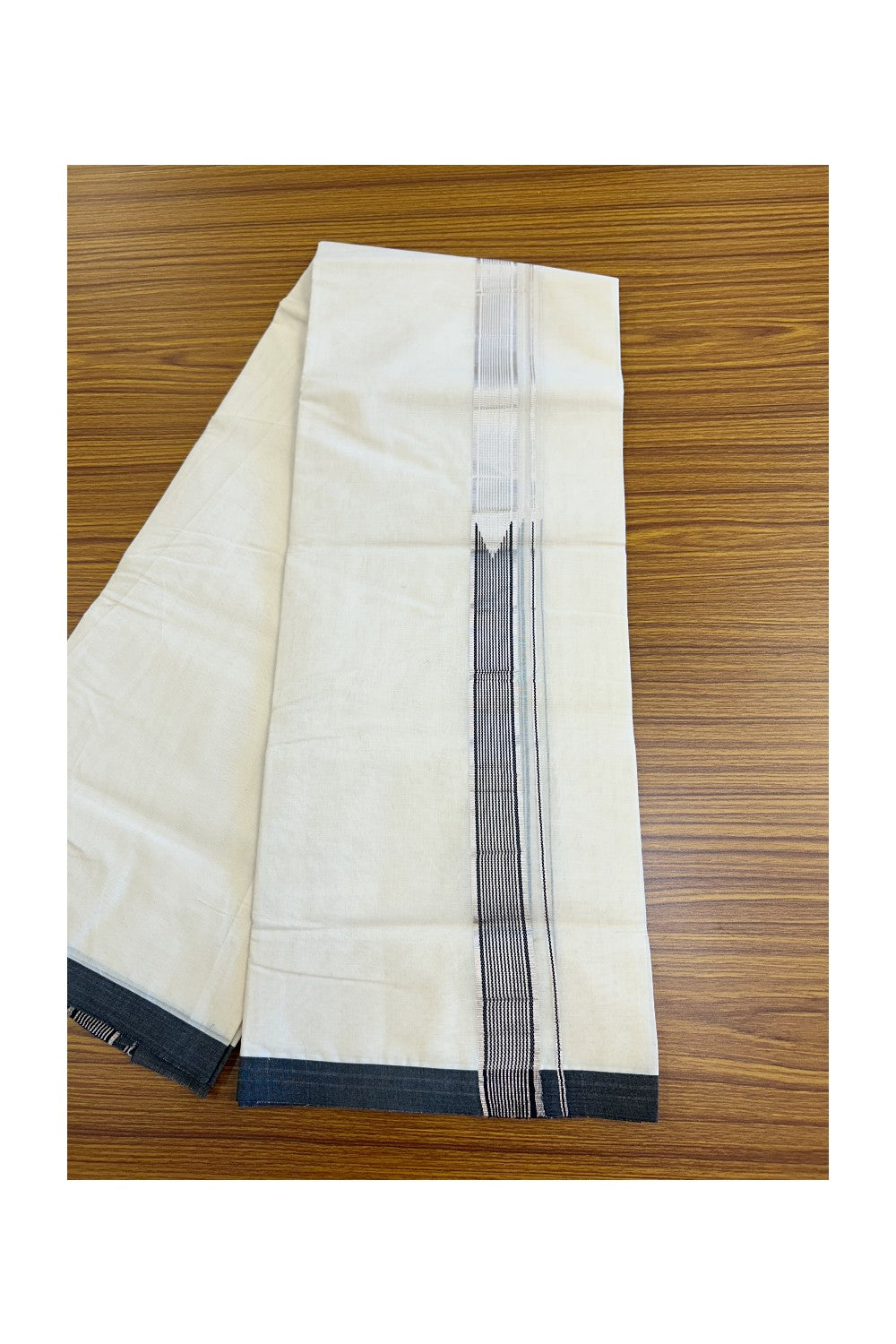 20% Discount !! KaithariKada Balaramapuram 100% Cotton Double Off White - (Unbleached) Mundu/Dhoti-100x100 1.5 inch Heavy Chutty Silver Kasavu & Black Striped kara - 7KK5055ASH