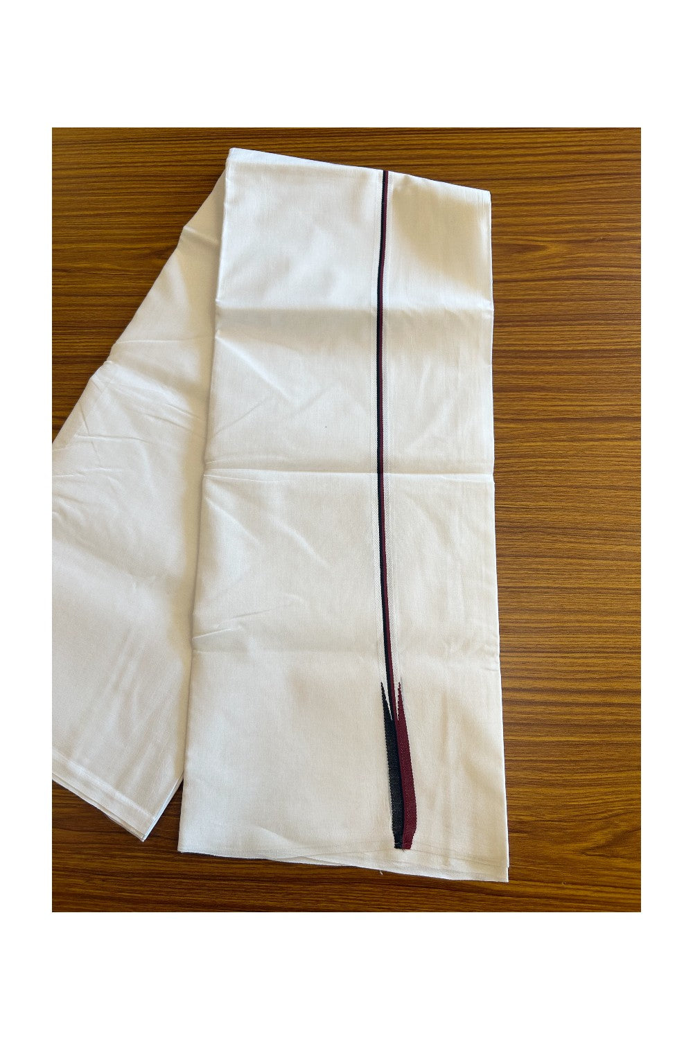 DMK Veshti - 19% DISCOUNT ! KaithariKada Balaramapuram 100% COTTON  Double PURE WHITE Mundu/Dhoti-100X100- 1 cm Puliyilakkara Maroon & Black Chutty - 23KK5043ASH