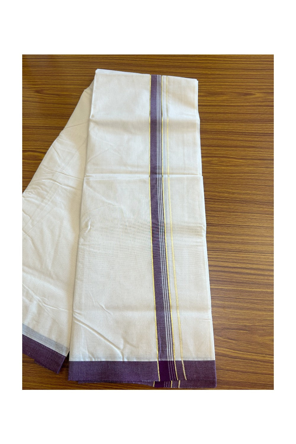 19% Discount KaithariKada Balaramapuram 100% Cotton Double Off white - (Unbleached) - Mundu/Dhoti- 100x80 - 1.75 inch Gold Kasavu & Purple Striped Kara 3.64 mtr (8 Muzham)- 3KK5101ASH