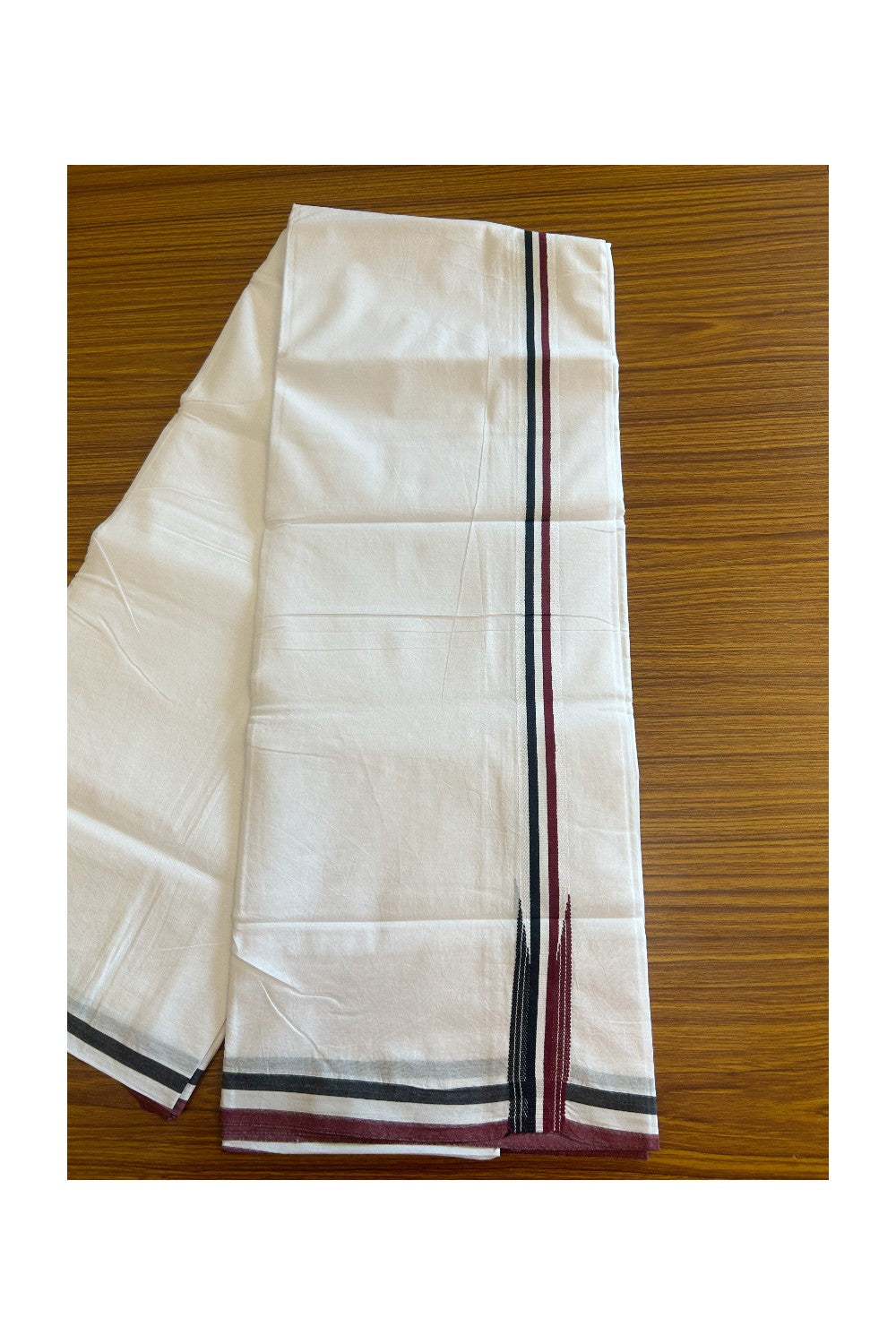 ADMK VESHTI - 19% DISCOUNT! KaithariKada 100% Cotton Pure white Double Mundu/Dhoti - 100X100 - 1.25 inch Black White & Maroon Striped Wings Chutty kara - 3KK5102ASH