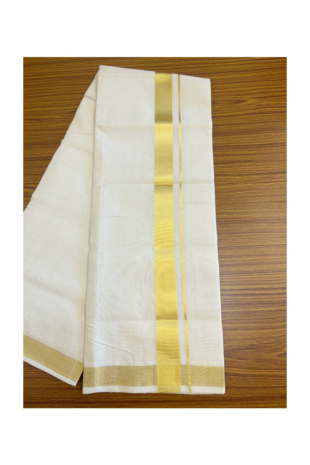 25% DISCOUNT ! KaithariKada HANDLOOM Unakkupaav Balaramapuram - 100% PURE Cotton Off White - (Unbleached) Double Mundu/Dhoti - 2.25 inch Gold Kasavu Kara - 3KK5107ABH