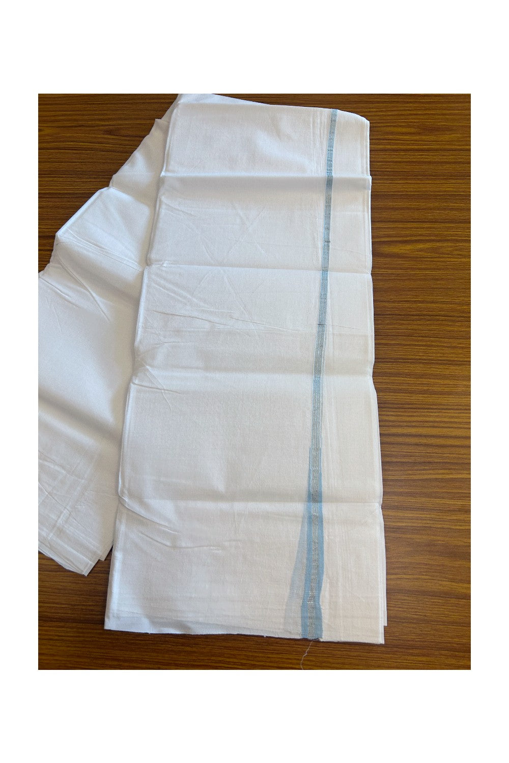 30% DISCOUNT!! KaithariKada HANDLOOM UNAKKUPAAV Balaramapuram - 100% PURE Cotton PURE WHITE - Double Mundu/Dothi - Sky Blue & Silver Striped puliyilakkara chutty - 3KK5129YAR