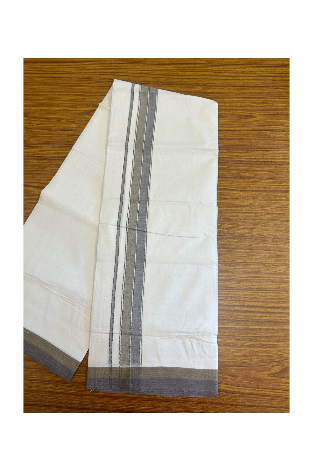 28% DISCOUNT! KaithariKada Balaramapuram 100% Cotton PURE WHITE Double Mundu/Dhoti-100x80- 1.5 inch Sage Green & Dark Purple shaded designer kara - 3KK5134THI