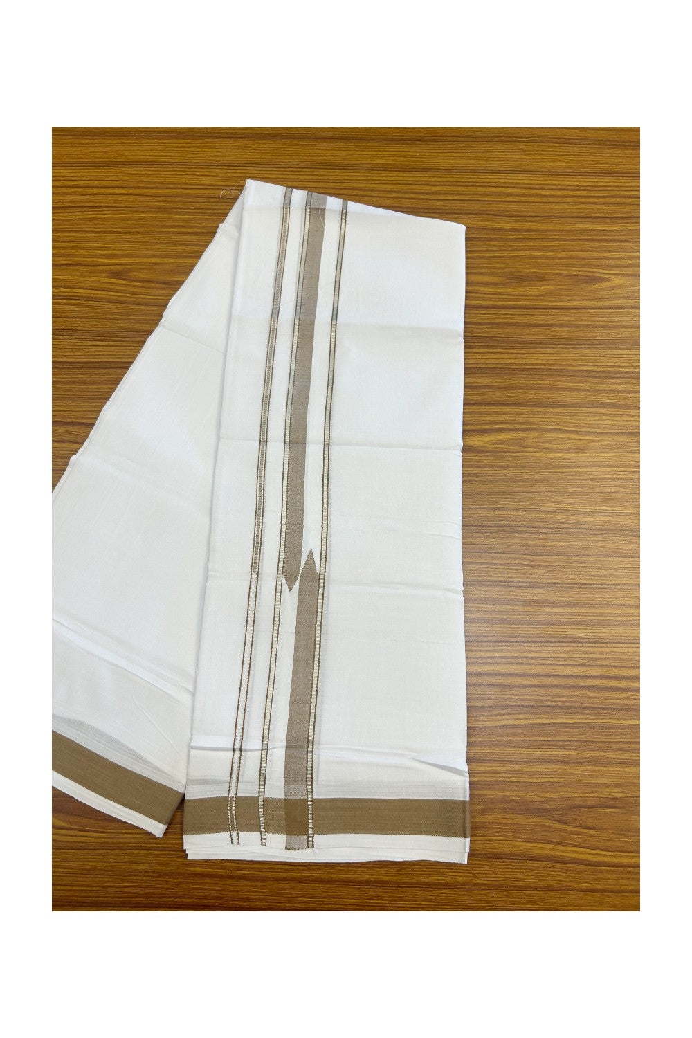 25% DISCOUNT! KaithariKada Balaramapuram 100% Mercerised Cotton Double ULTRA PURE white Mundu/Dhoti - 120x120 - 1.75 inch Heavy Chutty Silver Kasavu & Peanut Brown Shaded Kara - 3KK5139THI
