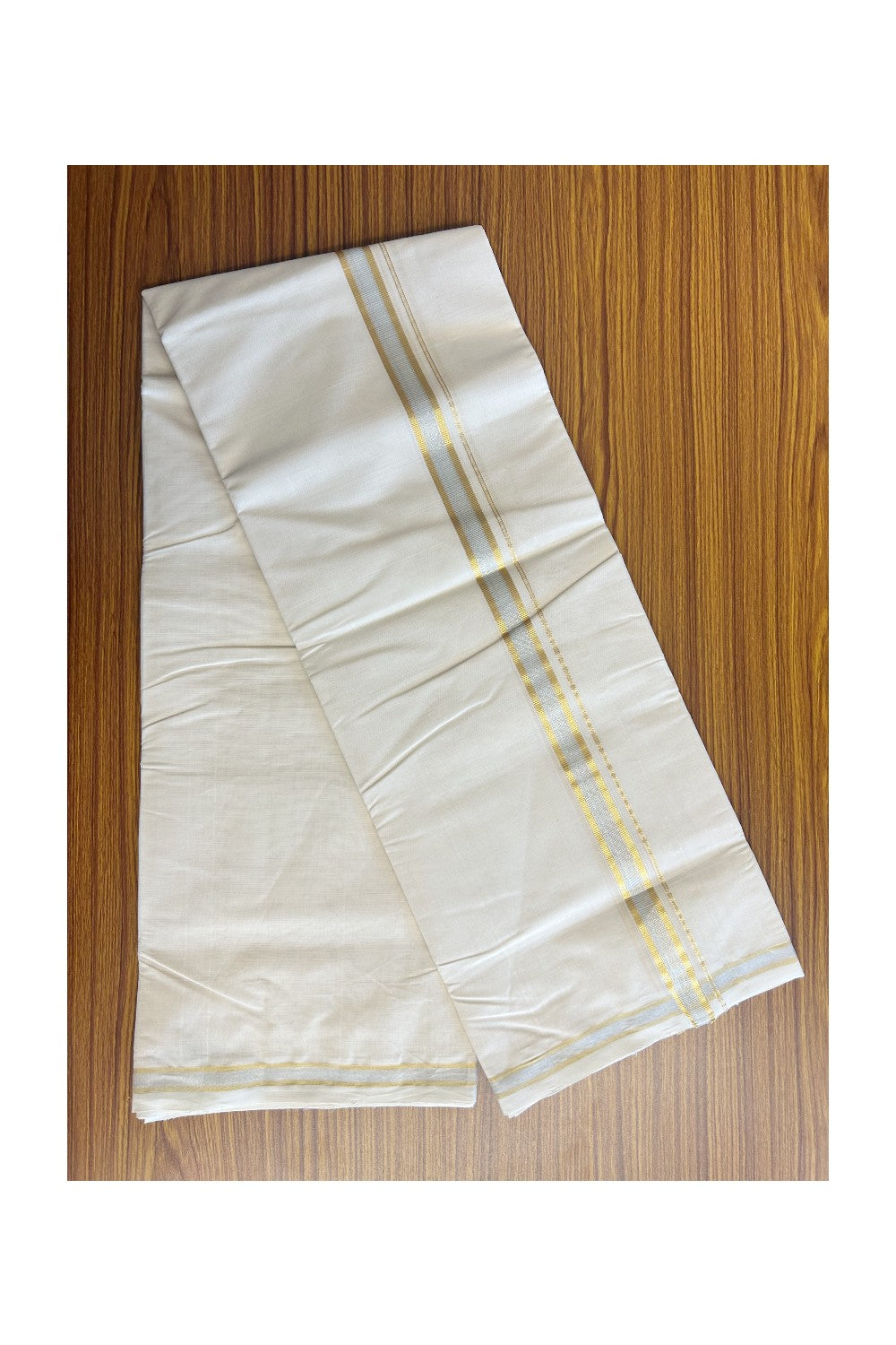 25% DISCOUNT ! KaithariKada HANDLOOM Millpaav Balaramapuram - 100% PURE Cotton Off White - (Unbleached) Double Mundu/Dhoti - 1.25 inch Gold Kasavu & Silver Kasavu Kara - 3KK5149RAM