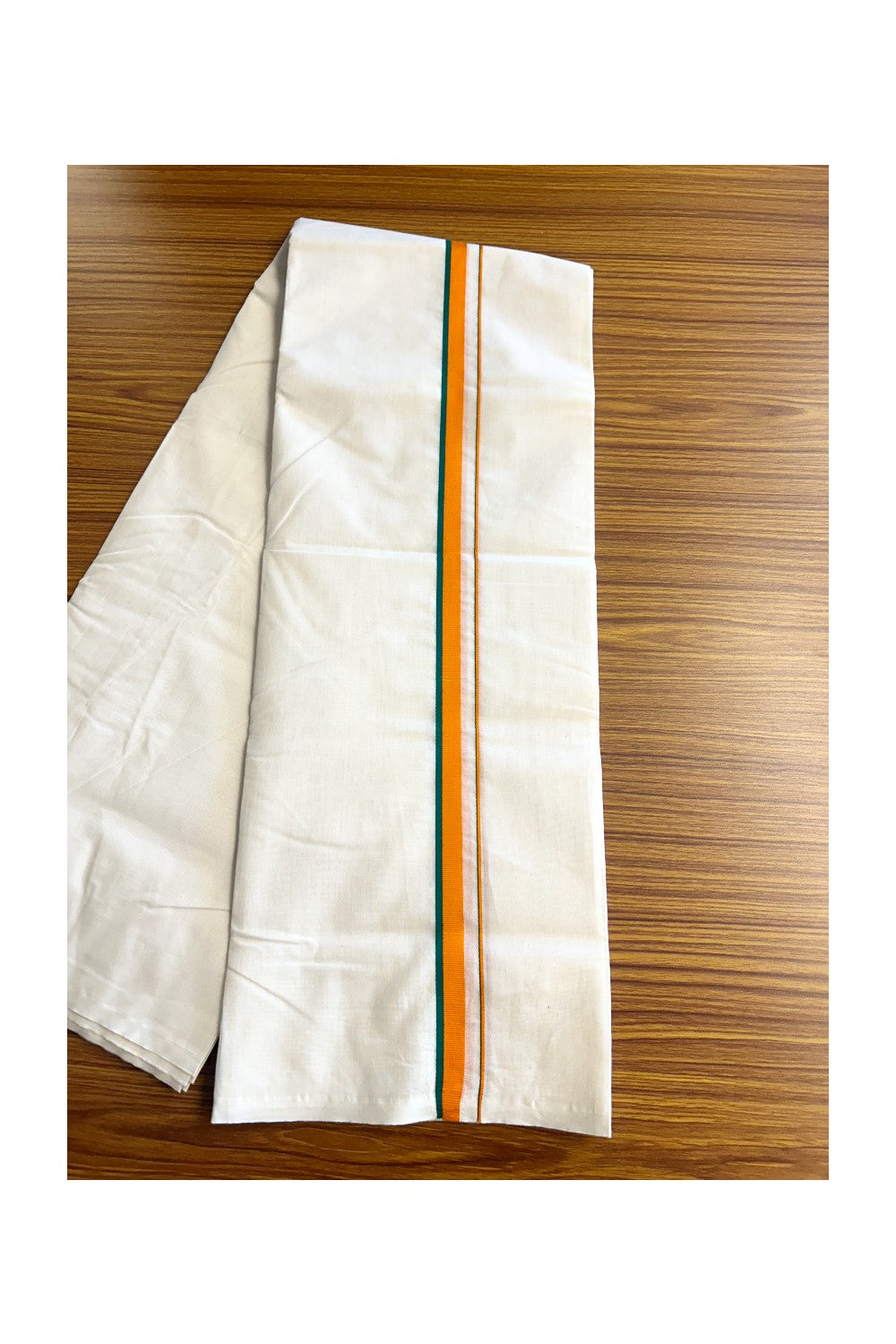 BJP VESHTI - 24% DISCOUNT! KaithariKada 100% Cotton off white Double - (Unbleached) Mundu/Dhoti - 100X100 - 0.75 inch Orange & Green Kara - 3KK5150ASH