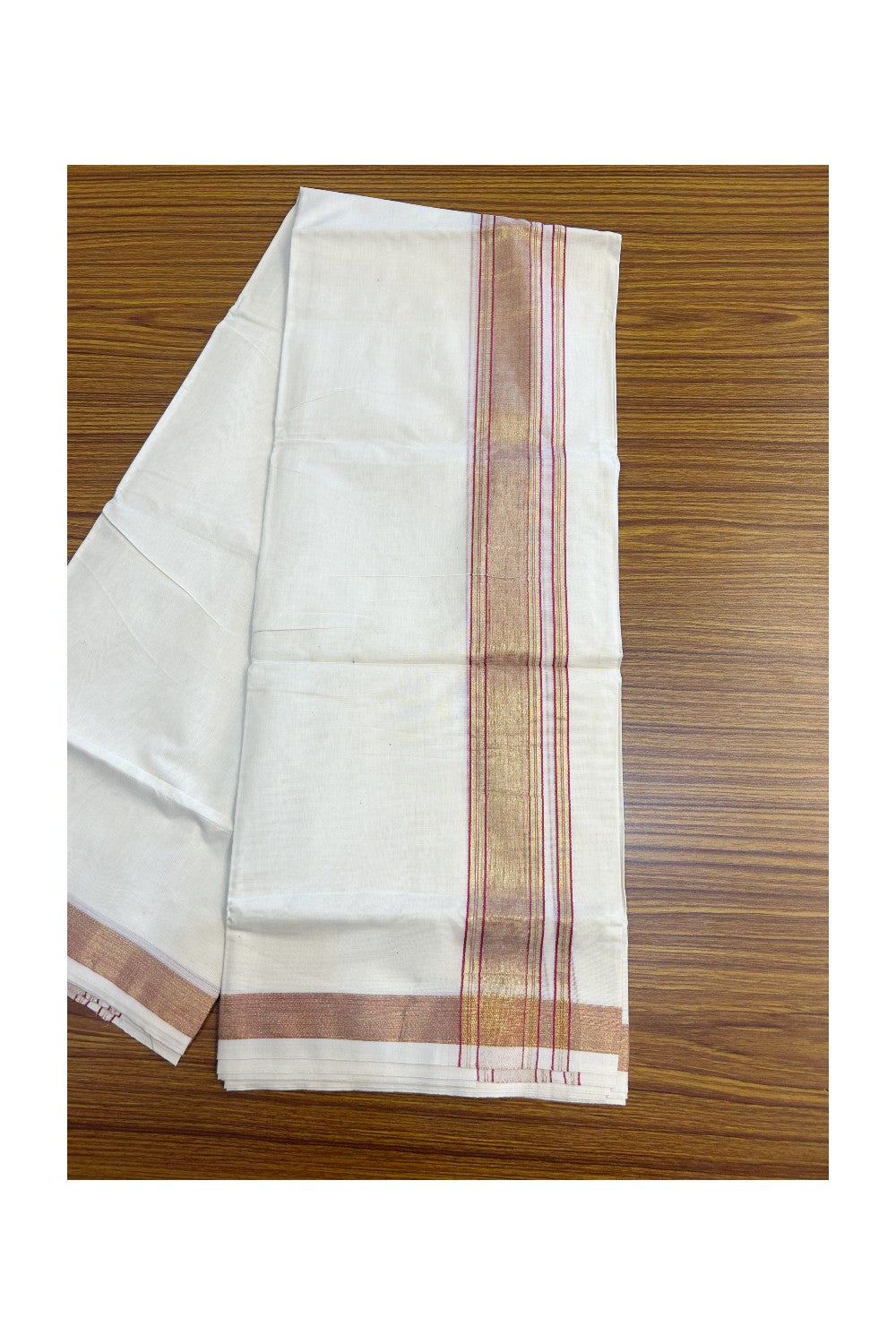 20% DISCOUNT ! KaithariKada Balaramapuram 100% Cotton Double off white (Unbleached) Mundu/Dhoti - 80X72 Cotton mix - 2 inch Gold kasavu Tissue & Magenta Stripes kara - 3KK5151PMC