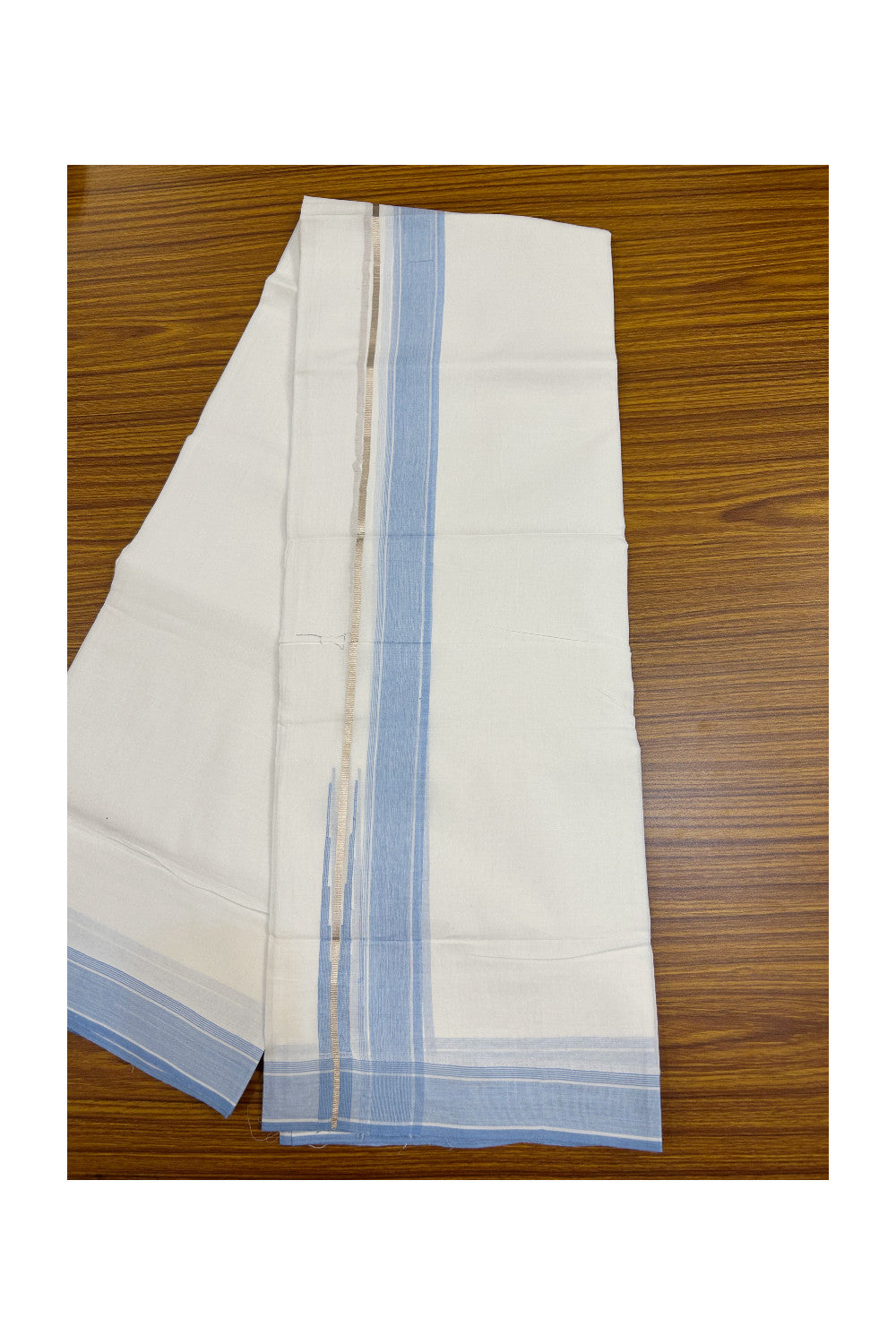 28% DISCOUNT!! Kaitharikada Balaramapuram 100% Cotton PURE WHITE Double Mundu/Dothi - 100X80 - 1.5 Inch Silver kasavu Sky blue shaded striped chutty - 3KK5155THI