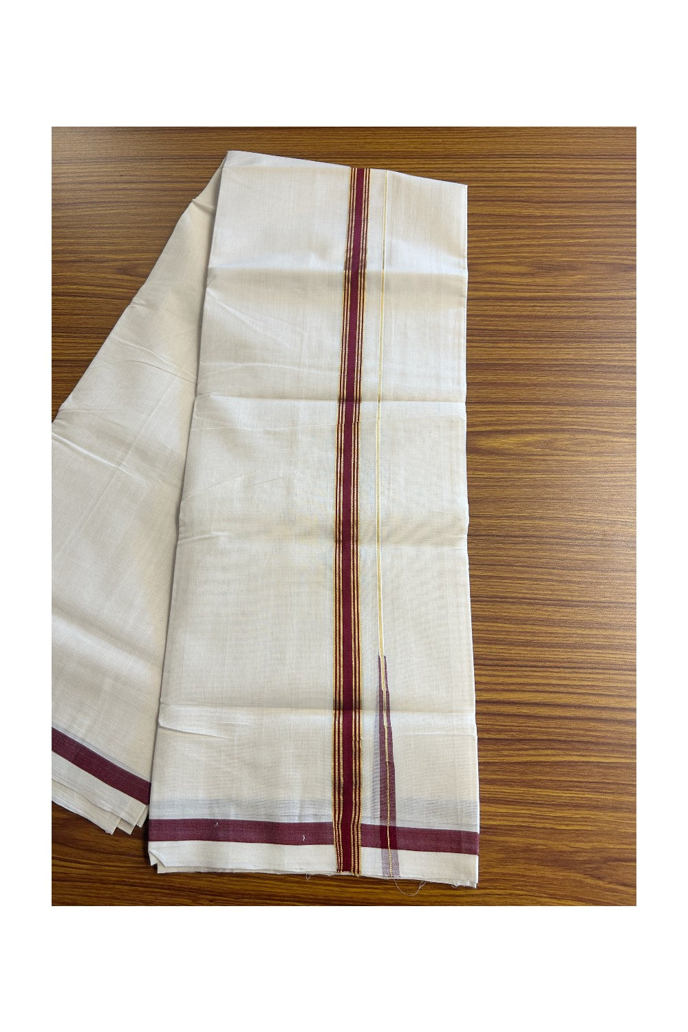 30% DISCOUNT!! KaithariKada HANDLOOM Millpaav Balaramapuram - 100% PURE Cotton OFF White Double- (Unbleached) Mundu/Dothi - 0.75 inch Puliyilakkara side stripes MAROON & Gold kasav chutty Kara - 3KK5156YAR