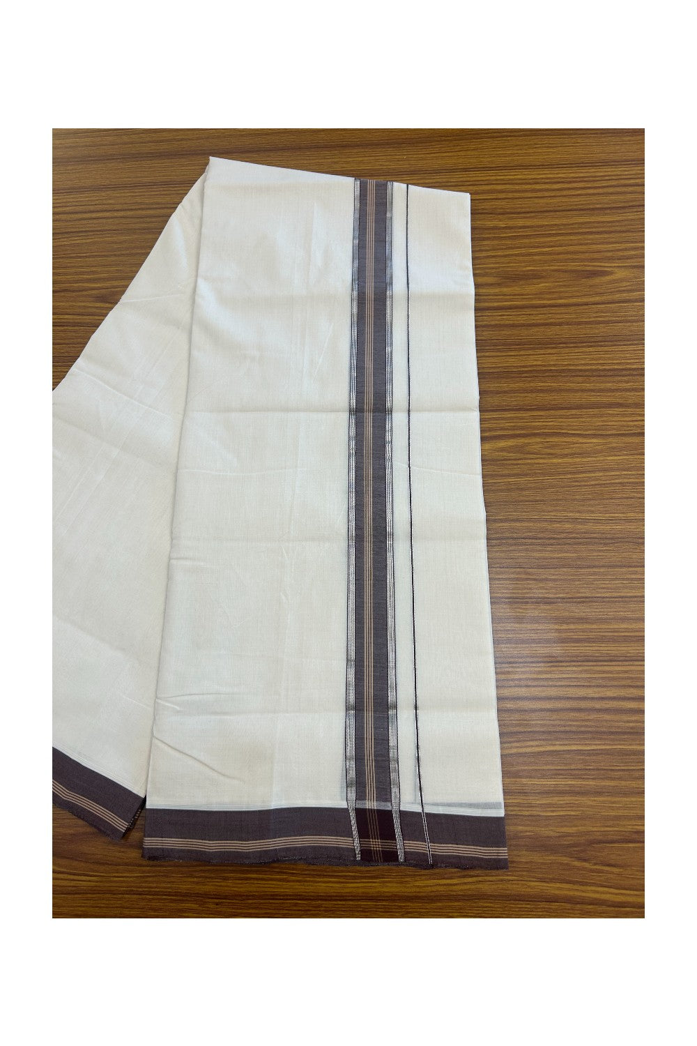 30% DISCOUNT!! KaithariKada HANDLOOM UNAKKUPAAV Balaramapuram - 100% PURE Cotton OFF White Double - (Unbleached)- Mundu/Dothi - 1.5 inch Silver Kasavu Brown & Sand Brown Striped Kara 4.5 Meters (10 Muzham) - 3KK5160REA