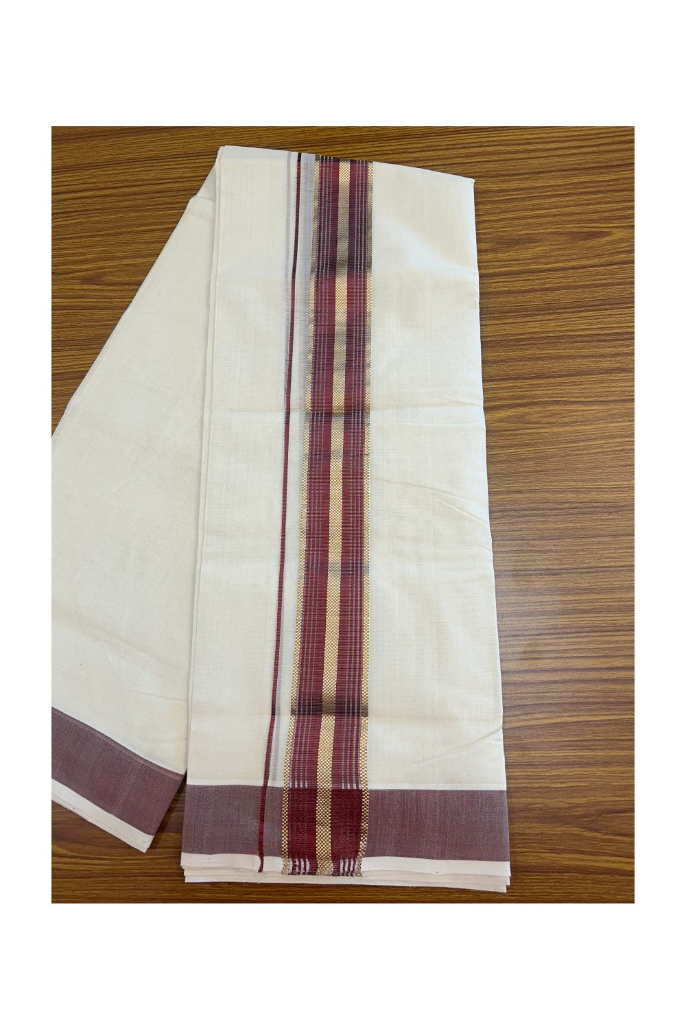27% DISCOUNT!! KaithariKada HANDLOOM millpaav Balaramapuram - 100% PURE Cotton OFF White - (Unbleached) Double Mundu/Dothi - 2.25 inch Maroon colour kasavu  & Gold Kasavu Striped kara - 11KK5162RAM