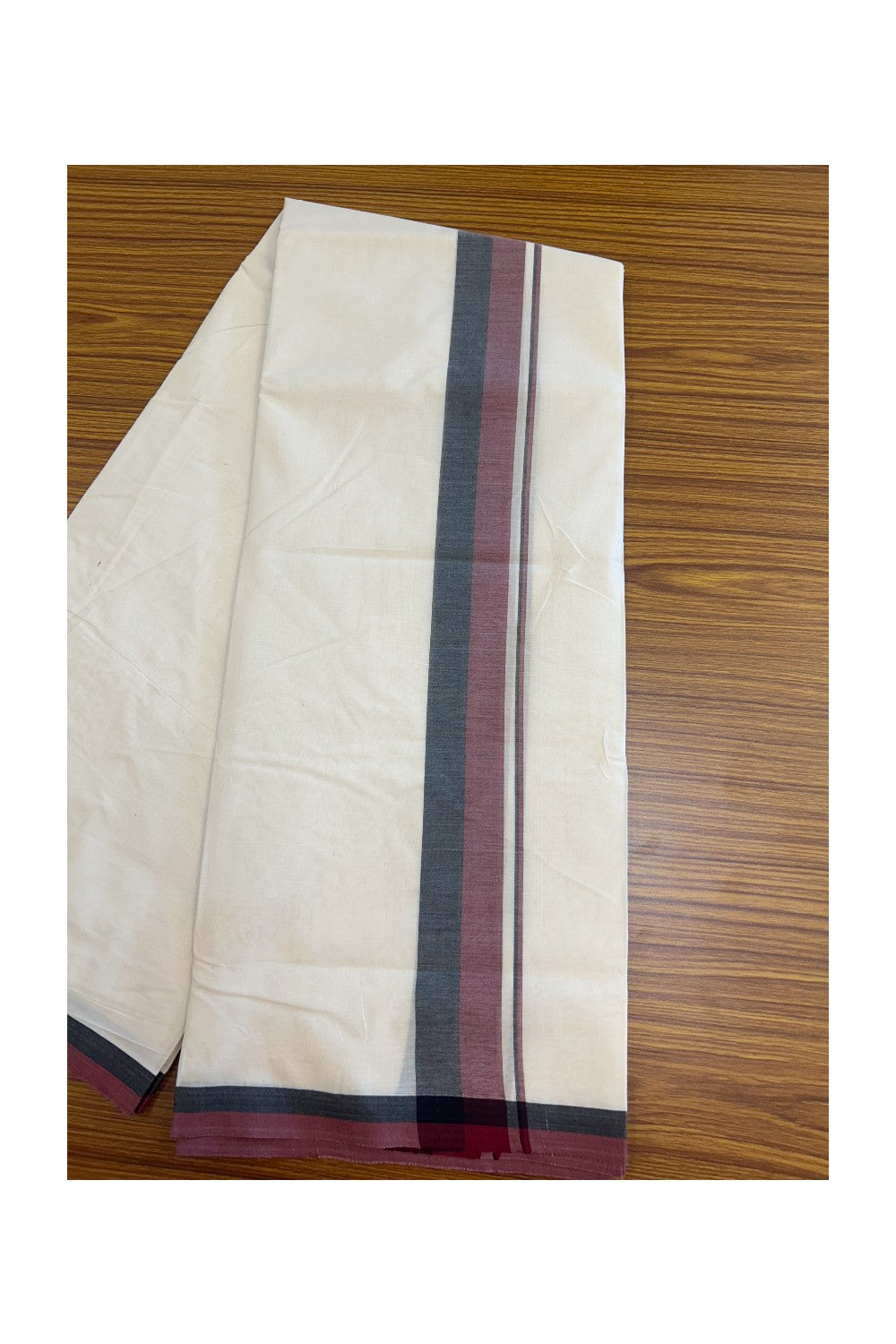DMK Veshti - 13% DISCOUNT! KaithariKada 100% Cotton off white Double - (Unbleached) Mundu/Dhoti - 100X100 - 2 inch Black & Maroon shaded kara - 2KK5163ASH