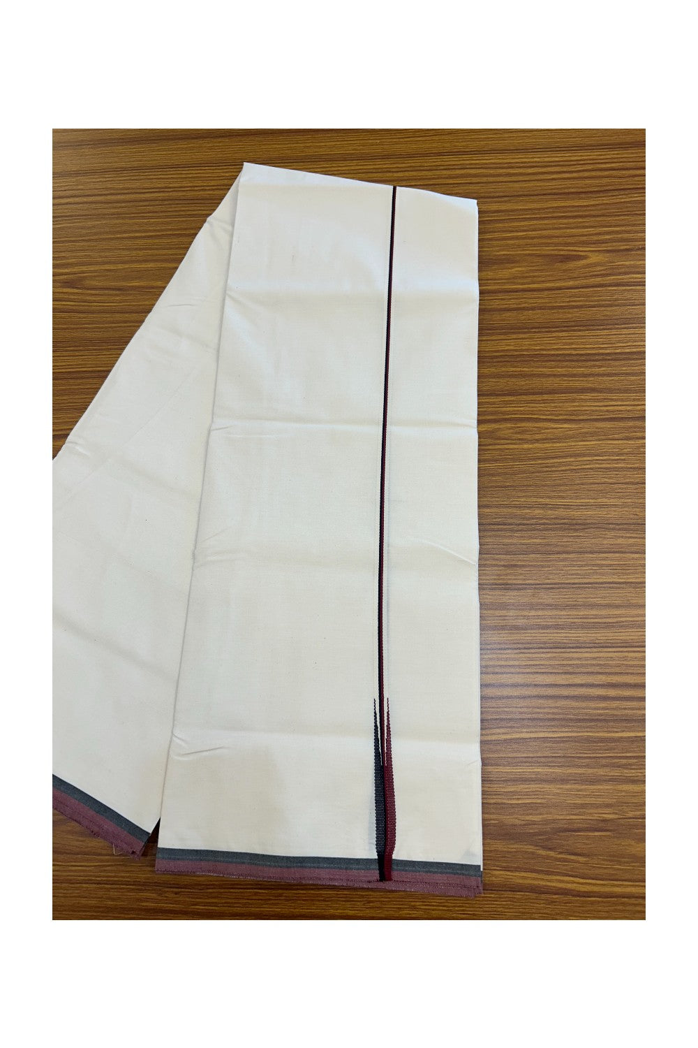 DMK Veshti - 29% DISCOUNT ! KaithariKada Balaramapuram 100% COTTON SINGLE OFF WHITE (Unbleached) Mundu/Dhoti-100X100 -  1 cm Puliyilakkara Maroon & Black Chutty (2 meter / 4 muzham) -  3KK5165ASH
