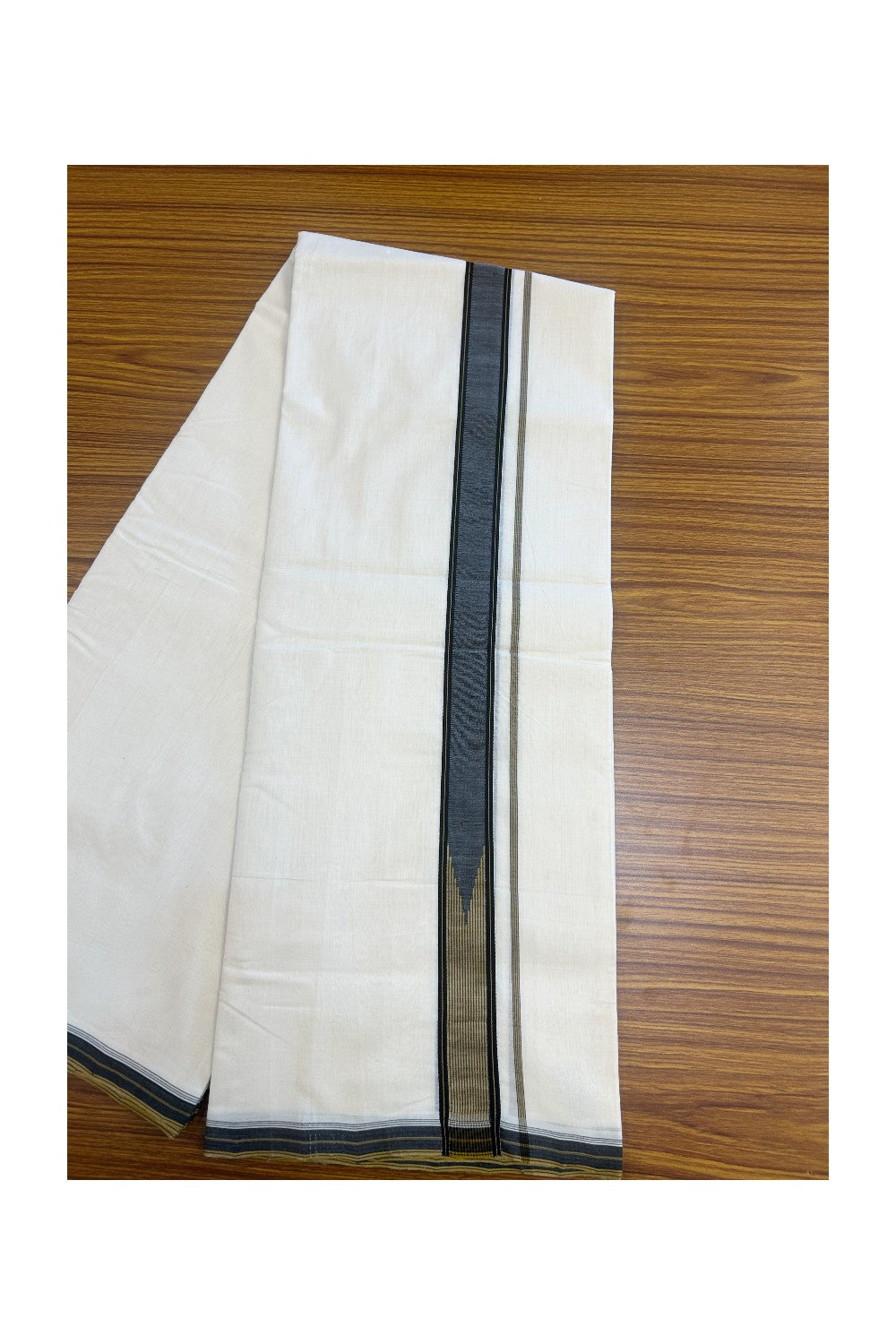 25% DISCOUNT!! KaithariKada HANDLOOM  UNAKKUPAAV Balaramapuram - 100% PURE Cotton OFF White - (Unbleached) Double Mundu/Dothi - 100X100 - 1.5 inch Puliyilakkara Black & Mustard Yellow striped chutty  - 3KK5167REA
