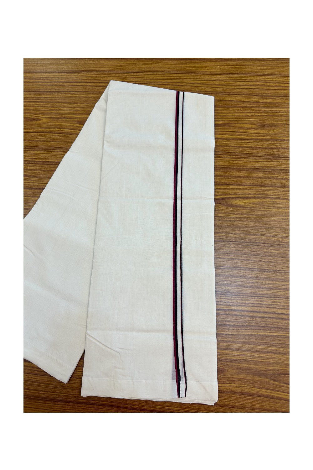 DMK Veshti - 25% Discount!!! KaithariKada HANDLOOM UNAKKUPAAV Balaramapuram - 100% PURE Cotton off white (Unbleached) Double Mundu/Dhoti - 0.75 inch Light Maroon & Black kara DMK - 3KK5175RAM