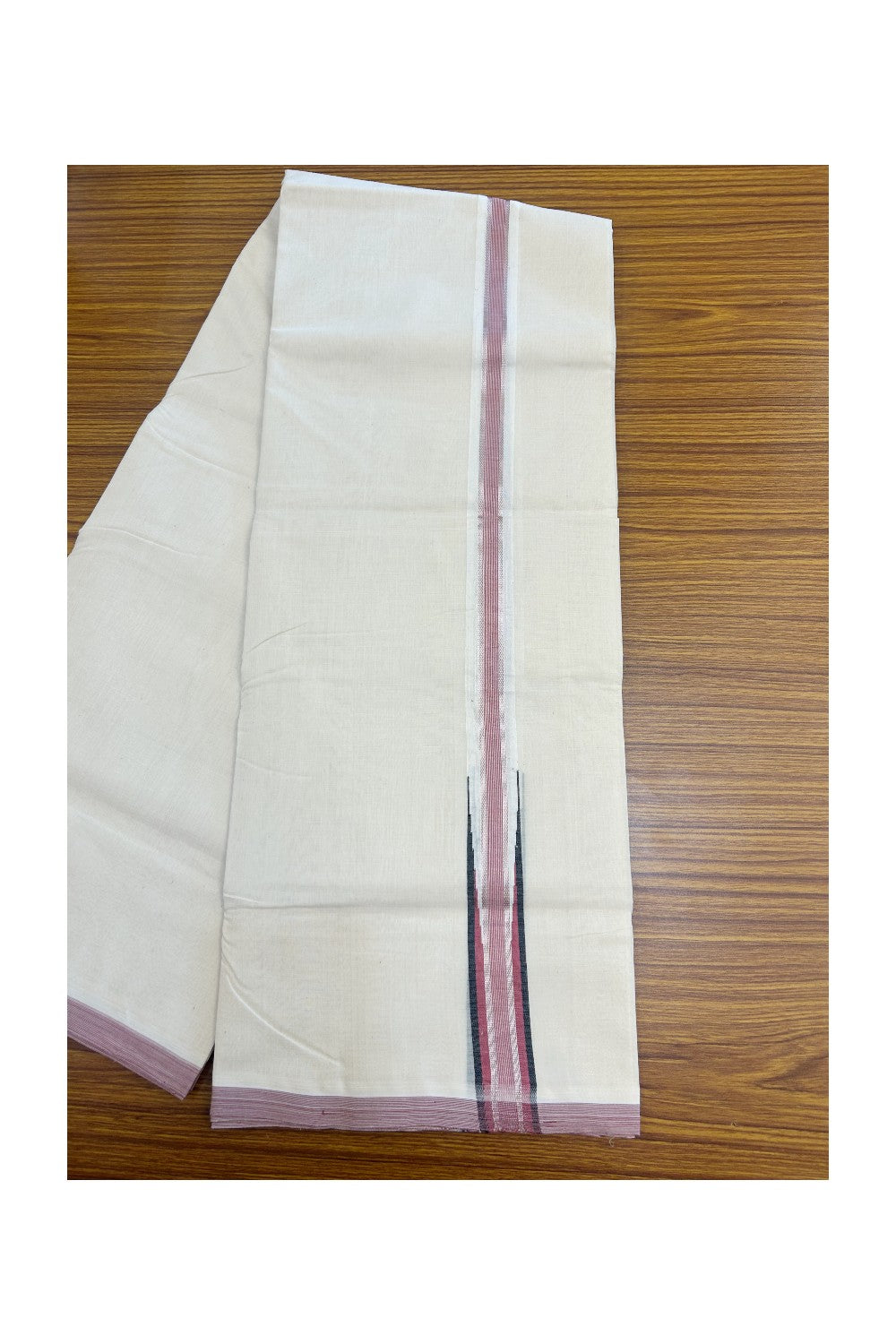 25% DISCOUNT!! KaithariKada HANDLOOM MILPAAV Balaramapuram - 100% PURE Cotton OFF White Double - (Unbleached) Mundu/Dothi - 100x100 - 1.25 inch Silver Kasavu stripes Berry Pink & Black shaded chutty - 2KK5177RAM