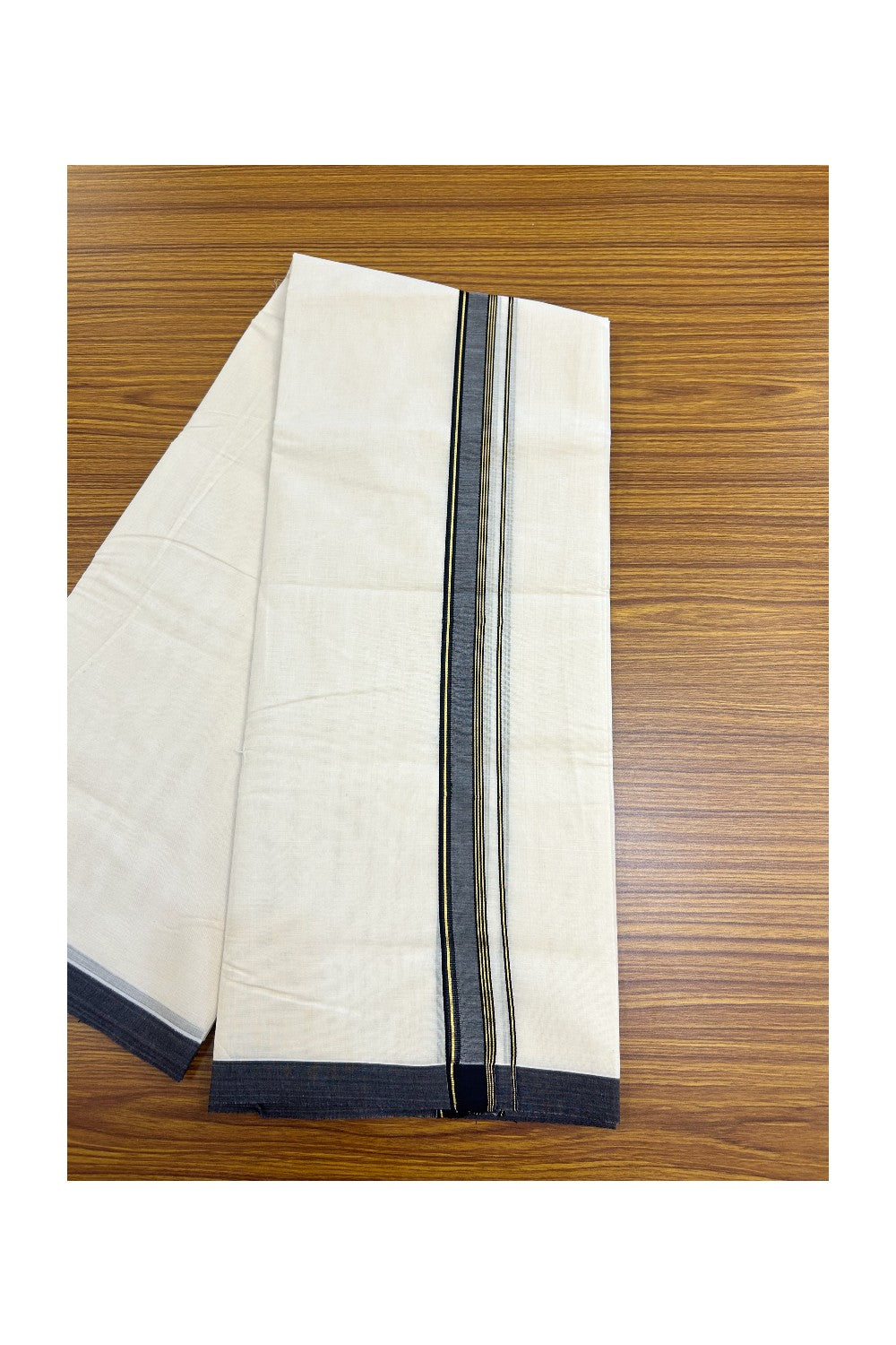 SHORT DHOTI SPECIAL! Kaitharikada.com 32% DISCOUNT! KaithariKada Balaramapuram 100% Cotton  Off white (Unbleached) Double Mundu/Dhoti-100x100 - 1.25 inch Kara & 46 inches Height Navy Blue & Kasavu Striped Kara- 3KK5178ASH