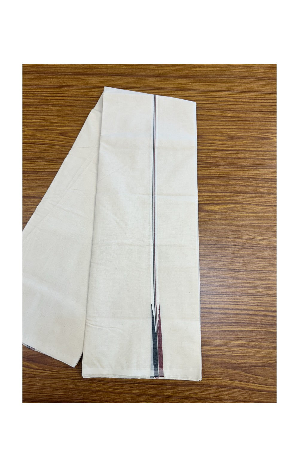 ADMK VESTHI 22% DISCOUNT ! KaithariKada Balaramapuram 100% COTTON DOUBLE OFF WHITE (Unbleached) Mundu/Dhoti-100X100- 0.5 Inch  Puliyilakkara Maroon & Black Chutty Kara - 3KK5179ASH