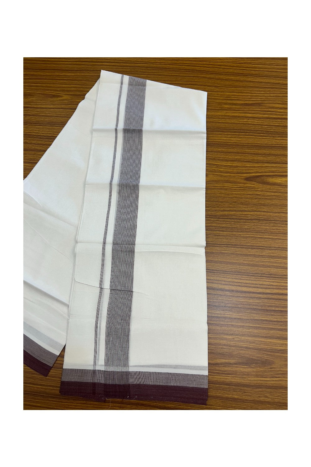 20% Discount ! Kaitharikada Balaramapuram 100% Cotton PURE WHITE Double Mundu/Dothi - 100x80 - 1.5 inch Wine shaded Striped Kara - 3KK5183VIN