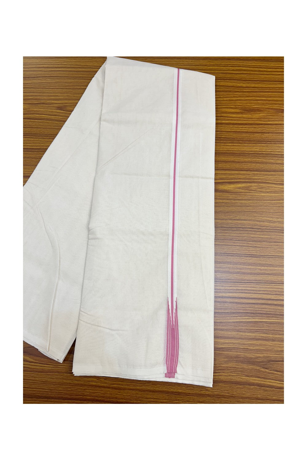 20%OFFER! KaithariKada Balaramapuram 100% Cotton Double OFF WHITE - (Unbleached) Mundu/Dhoti-100x100 - 0.75 inch Puliyilakkara Pink Striped Chutty Kara- 3KK5185ASH