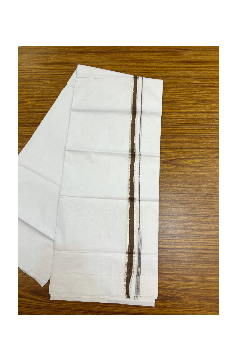 20% Discount !! Kaitharikada Balaramapuram 100% Cotton PURE WHITE Double Mundu/Dothi - 100x80 - 0.75 inch Silver Kasavu & Coffee Brown Chutty Kara - 3KK5191CKS
