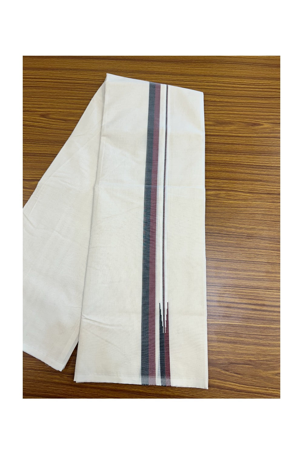 DMK Veshti - 19% DISCOUNT! KaithariKada 100% Cotton off white Double - (Unbleached) Mundu/Dhoti - 100X100 - 1 inch Puliyilakkara Black & Maroon Shaded Chutty kara - 3KK5187ASH