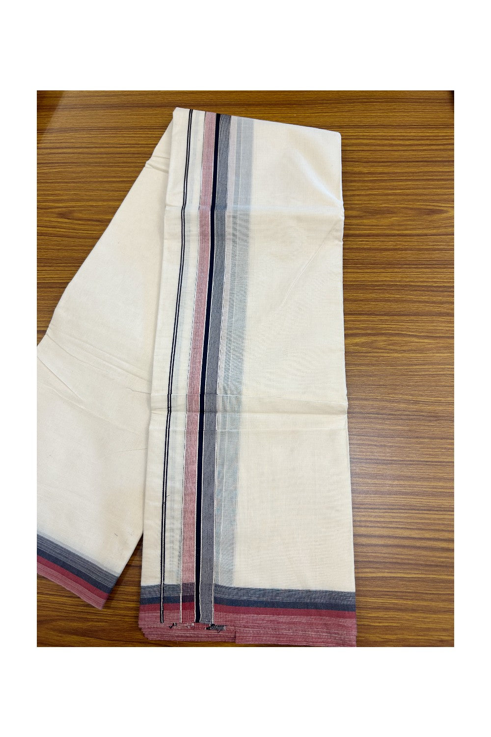 20% DISCOUNT! KaithariKada  Cotton OFF White - 100x80 thread-  NORTH INDIAN ATTACHED GAMCHA - 9X5 Dhoti - 1.5 inch Silver Kasavu Navy Blue & Shaded Brick Red Stripes Kara - 3KK5189PMC