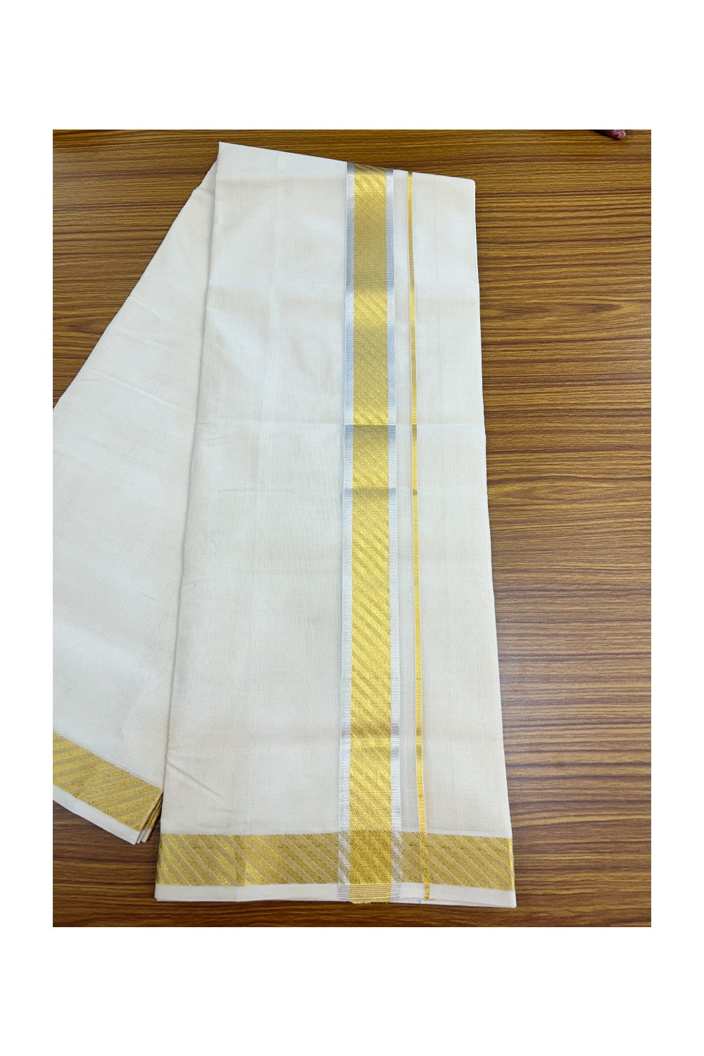 25% DISCOUNT ! KaithariKada HANDLOOM UNAKKUPAAV Balaramapuram - 100% PURE Cotton Off White - (Unbleached) Double Mundu/Dhoti - 1.75 inch Gold Kasavu & Silver Kasavu Striped Jacquard Design Kara - 3KK5208ABH
