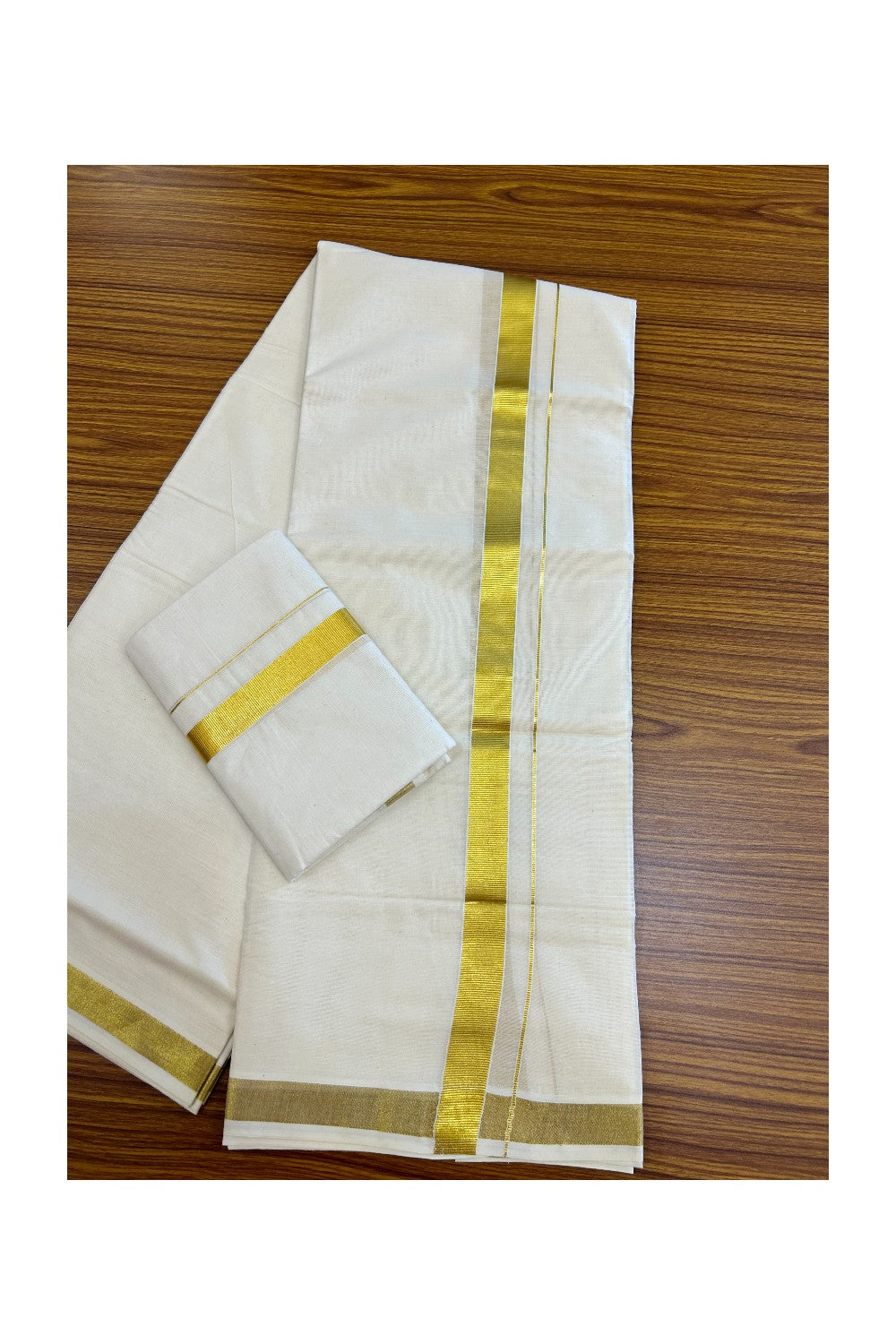 20% Discount!! KaithariKada Balaramapuram - 100% PURE Cotton Off White  (Unbleached) Mundu/Dhoti & Neriyath set - 1 Inch Kasavu Kara - 3KK5213 VIN