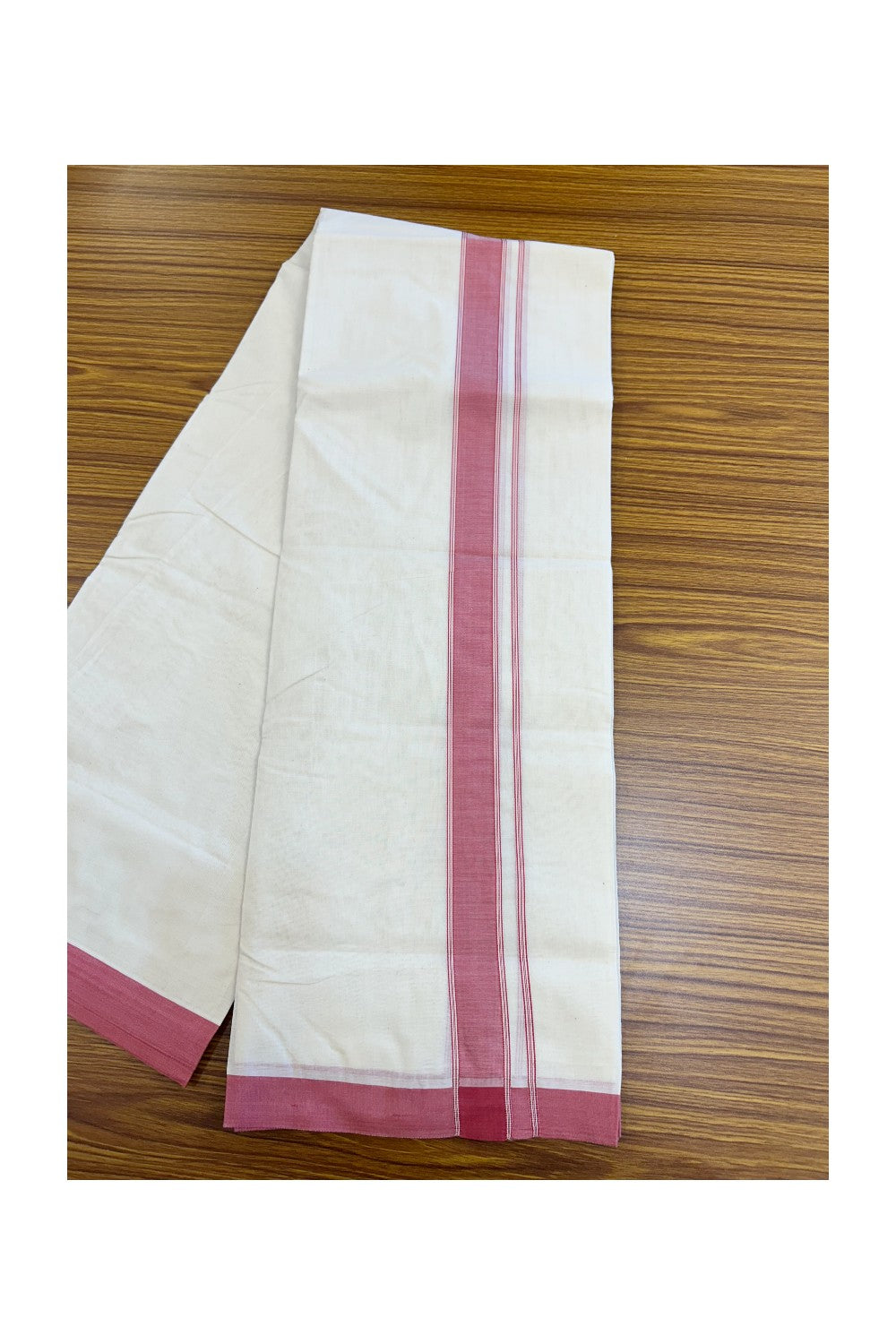 NEW !! 20% DISCOUNT!! KaithariKada Balaramapuram 100% Cotton Double Off white - (Unbleached) Mundu/Dhoti-100x80 - 1.25 inch Dark Rose Pink Shaded Striped KARA - 3.75 mtr (8 Muzham) - 3KK5218 ASH