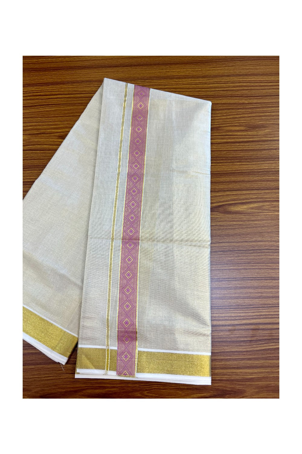 22% DISCOUNT!! KaithariKada Balaramapuram Double OFF WHITE Mundu/Dhoti - 80x72 - Tissue Body with 1.5 Inch Lavender Pink & Gold Kasav Printed Design Kara - 3KK5219 GAN