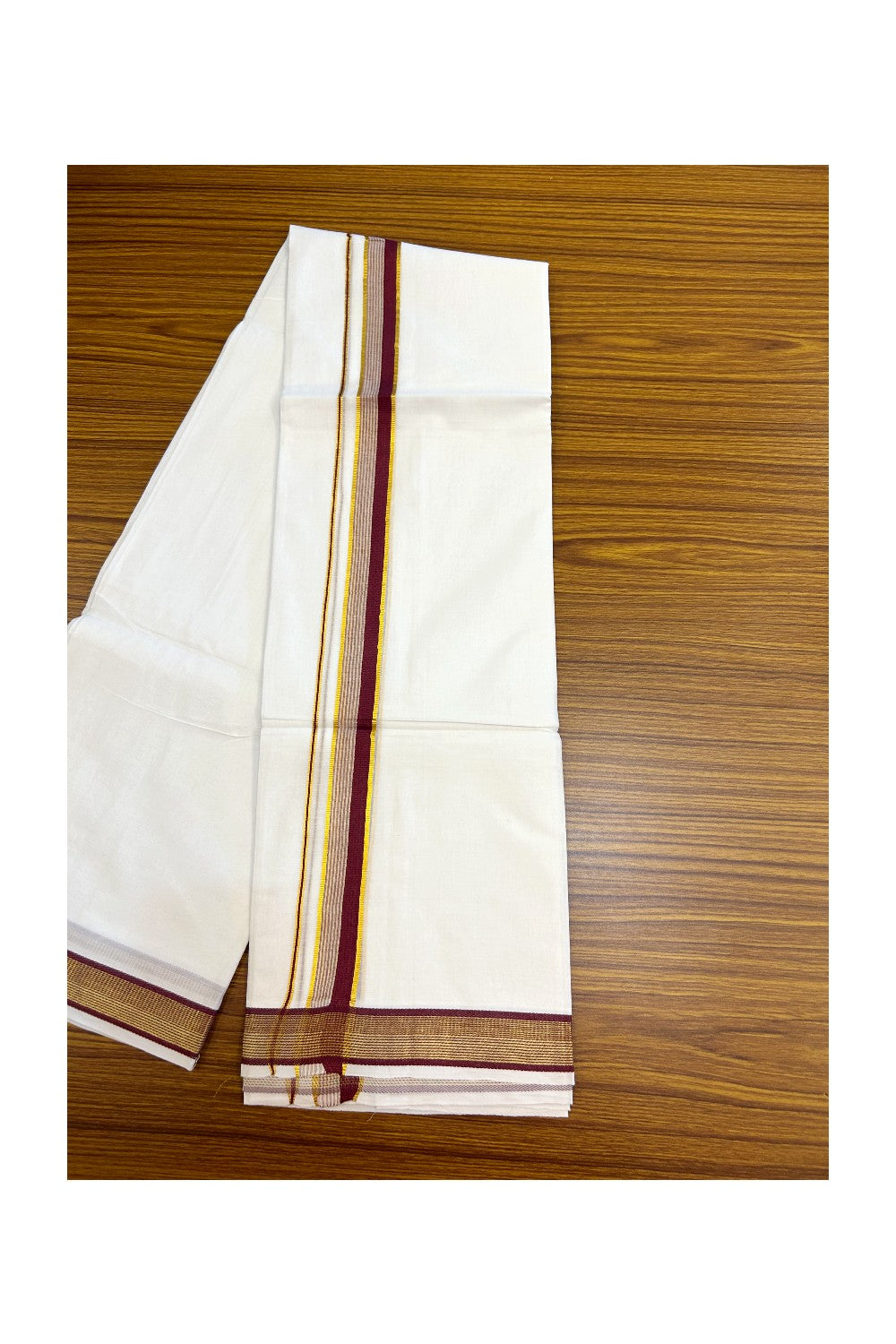 16% DISCOUNT! KaithariKada Balaramapuram 100% MERCERISED Cotton Double ULTRA PURE WHITE Mundu/Dhoti - 100x100 - 1 inch Maroon & Kasavu Stripes Kara - 3KK5221 GAN