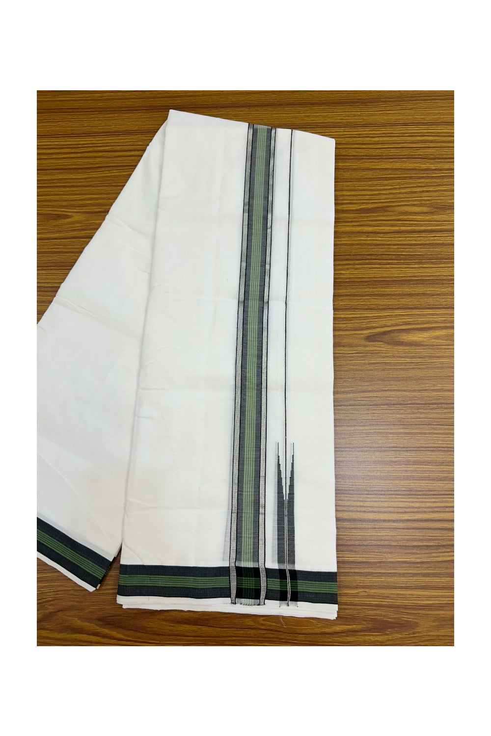 25% Discount!! NEW ULTRA PURE WHITE HANDLOOM Balaram apuram - 100% Mercerised Cotton Double Mundu/Dhoti - 120 twisted warp x 80s weft - 1.5 inch Puliyilakkara Silver Kasavu Black & Green Striped Chutty Kara - 3KK5232 REA