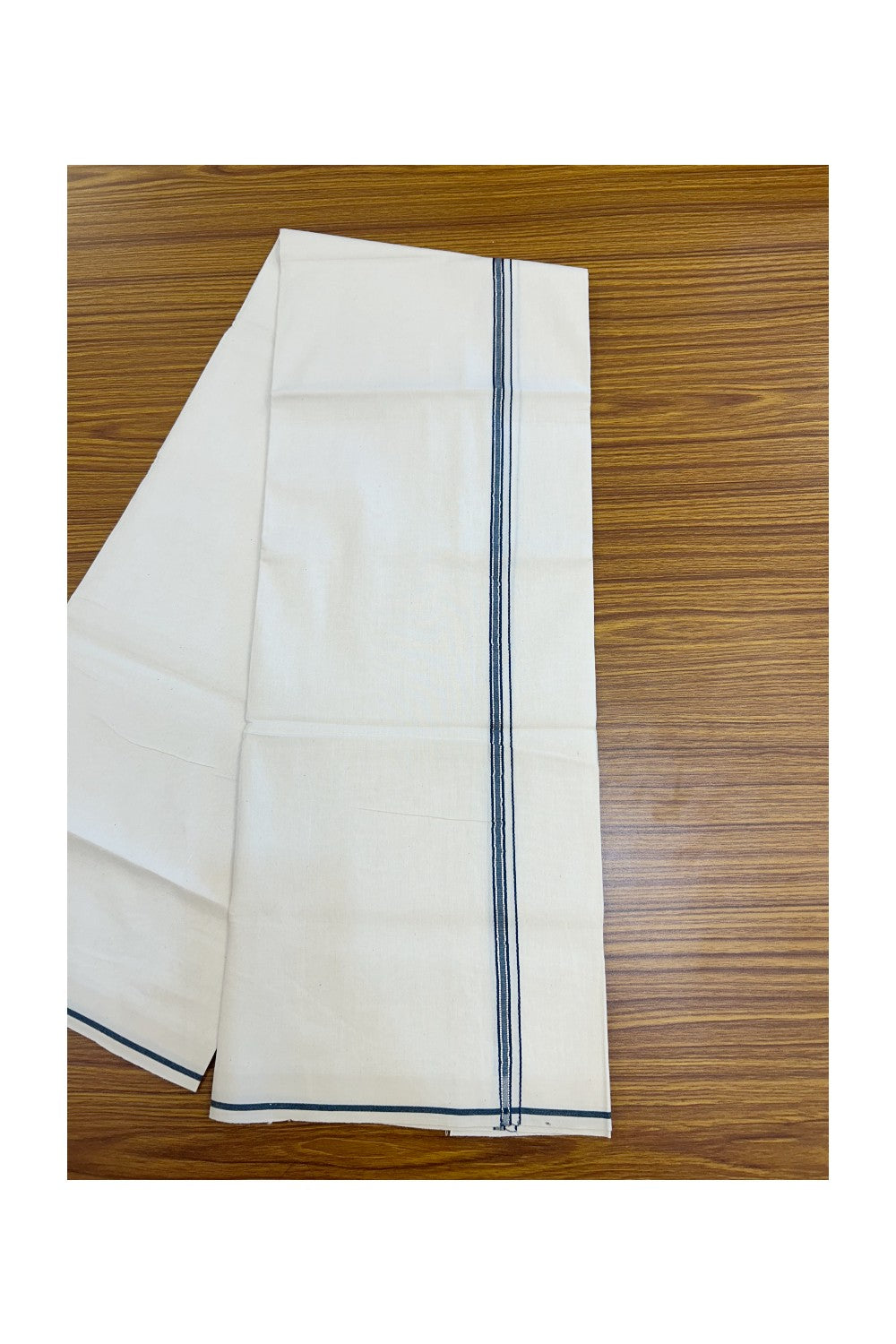 24% Discount !! KaithariKada Balaramapuram 100% Cotton OFF WHITE (Unbleached) Single Mundu/Dhoti - Twisted 60s Thread - 1 cm Silver Kasavu Peacock Blue Kara (2 meter / 4 muzham) - 12KK5236 GL