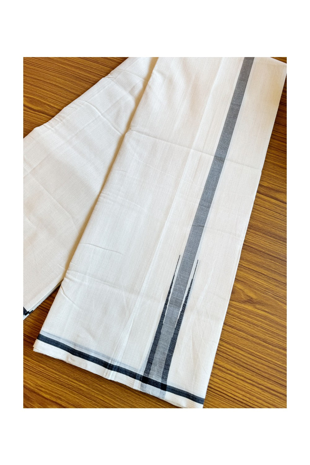 30% DISCOUNT!! KaithariKada HANDLOOM Unakkupaav Balaramapuram - 100% PURE Cotton OFF White (Unbleached) Double Mundu/Dothi - Silver Kasavu Black Stripes Chutty Puliyilakkara-3KK59RAM
