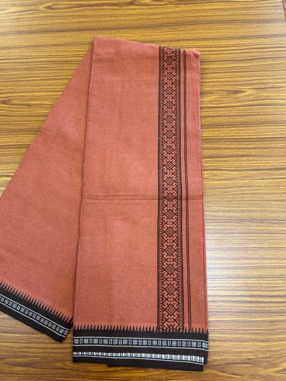 8% Discount!!! Kaitharikada 90% cotton 5 % Polyster Single KAVI - Kaily / Lungi - 3.25 inch DARK BROWN Tribal Printed kara Kuppadam Border (2 meter / 4 muzham) - 3KK8027 AS